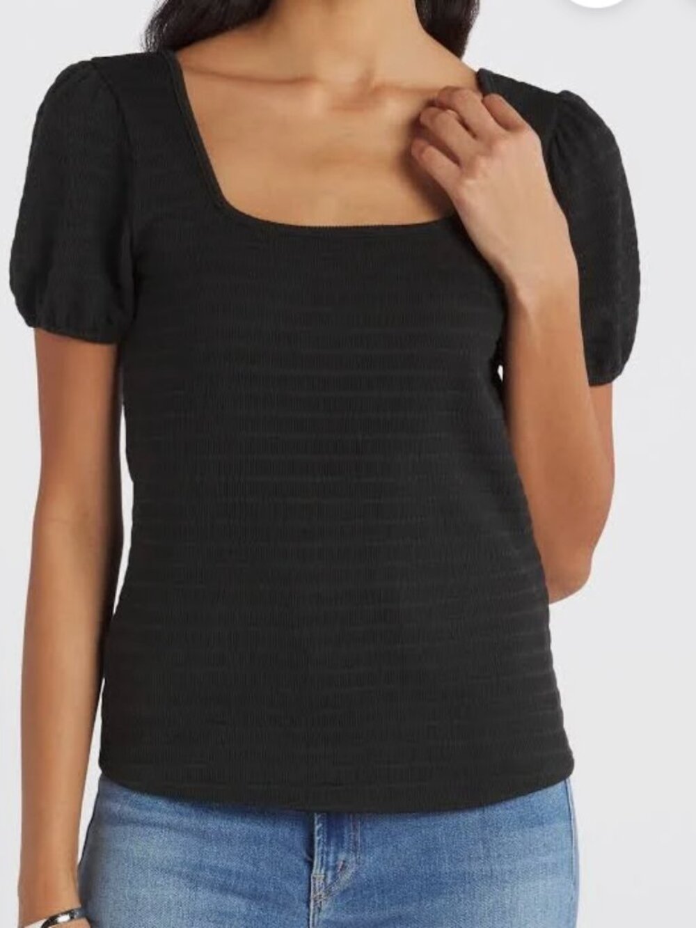 Square-Neck Black Puff-Sleeve Ribbed Top
